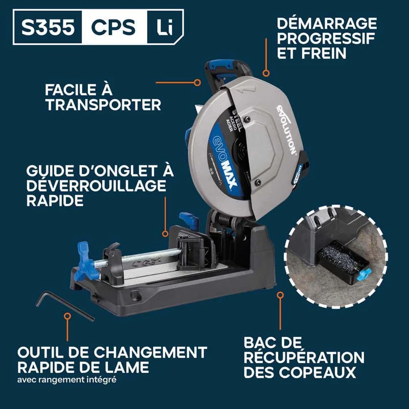 Scie à tronçonner sans fil de 355mm Evolution S355CPS-Li pour la coupe du métal, avec moteur brushless et lame EvoMax