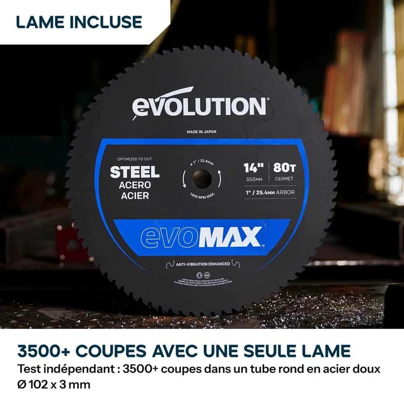 Pack Evolution : Scie à tronçonner de 355mm Evolution S355CPS Gen 2 pour métaux avec lame EvoMax + Support mobile pliable tout-terrain à vérin