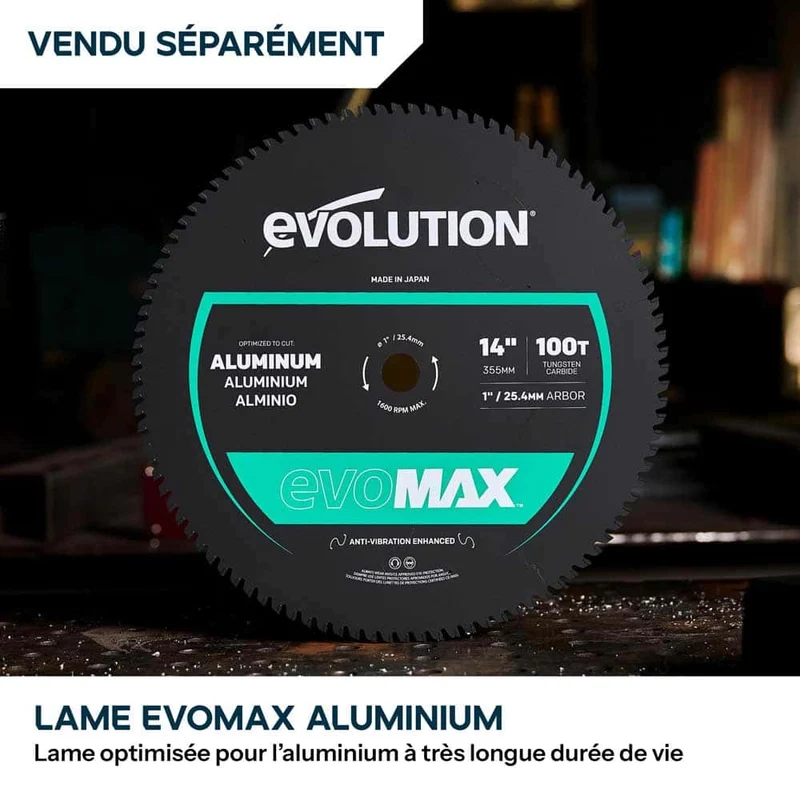 Pack Evolution : Scie à tronçonner de 355mm Evolution S355CPS Gen 2 pour métaux avec lame EvoMax + Support mobile pliable tout-terrain à vérin