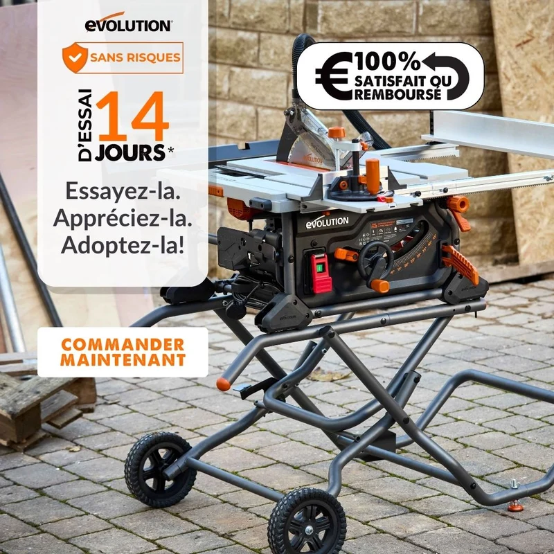 Scie sur table Evolution R255TBL 255mm 1650W avec lame multi-matériaux TCT + Support roulant pliable