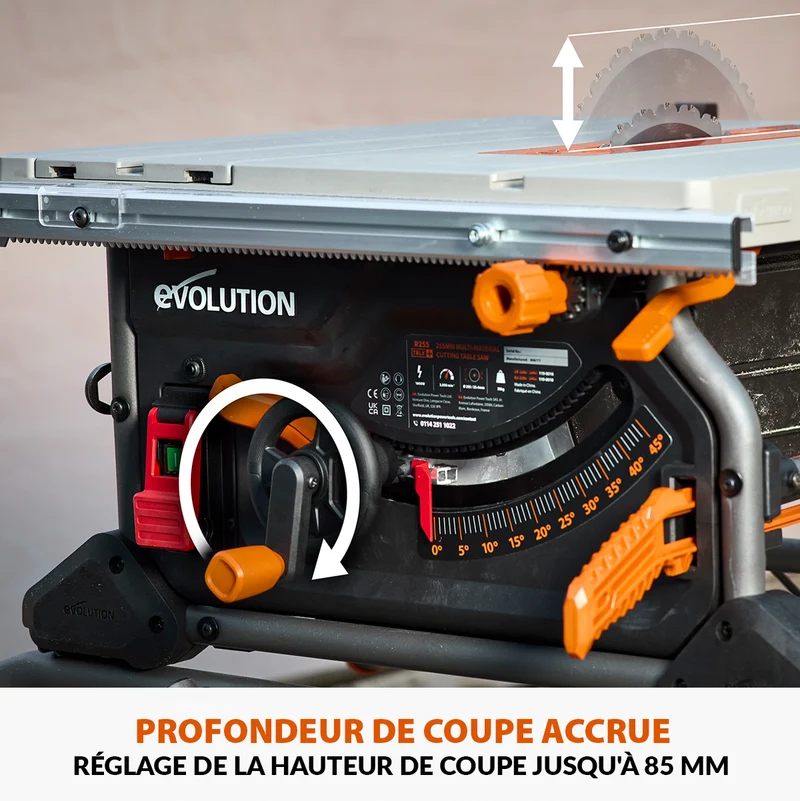 Scie sur table Evolution R255TBL 255mm 1650W avec lame multi-matériaux TCT + Support roulant pliable