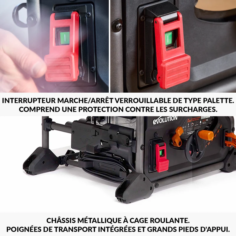 Scie sur table Evolution R255TBL 255mm 1650W avec lame multi-matériaux TCT + Support roulant pliable