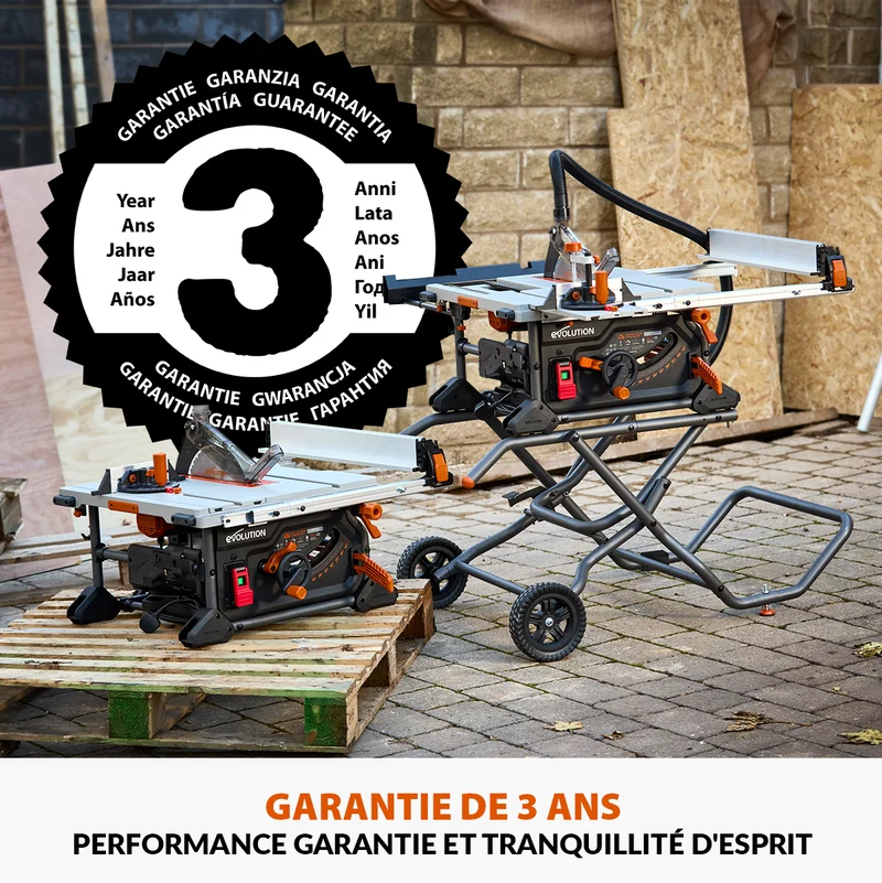 Scie sur table Evolution R255TBL 255mm 1650W avec lame multi-matériaux TCT + Support roulant pliable
