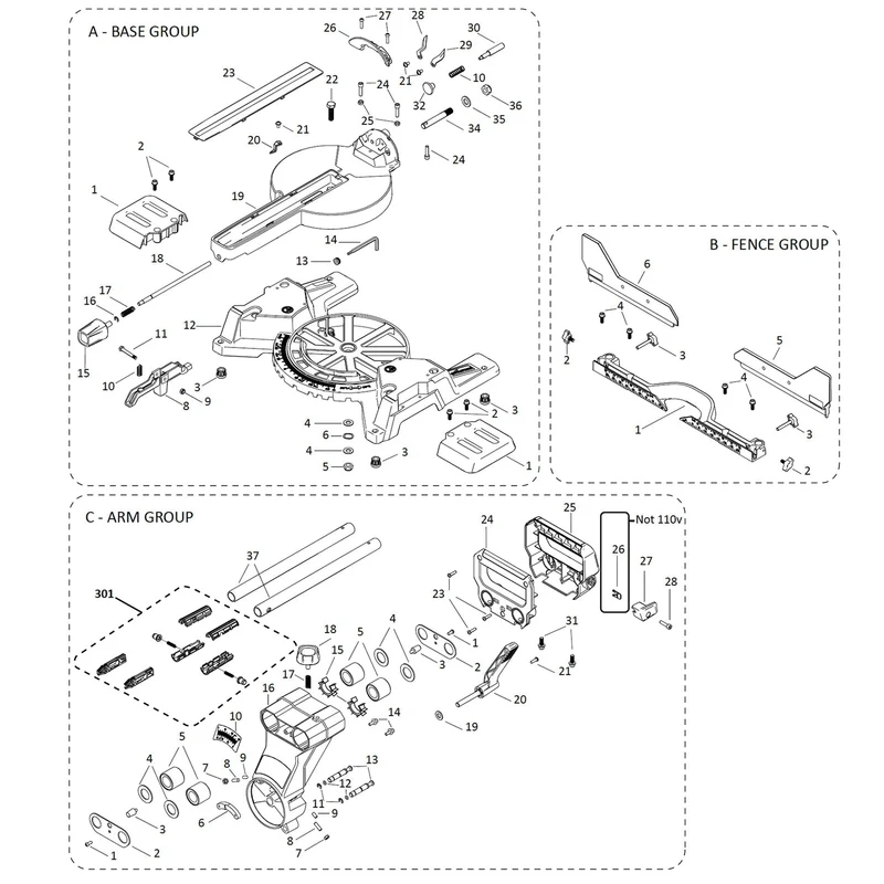 Evolution R255SMS-DB+ Scie à onglet radiale - Pièces détachées (Col, rails et base)