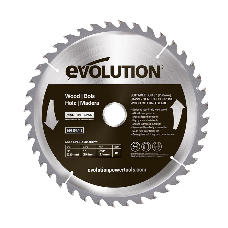 Lame à bois TCT 230mm 40 dents alésage 25.4mm Evolution pour scie circulaire