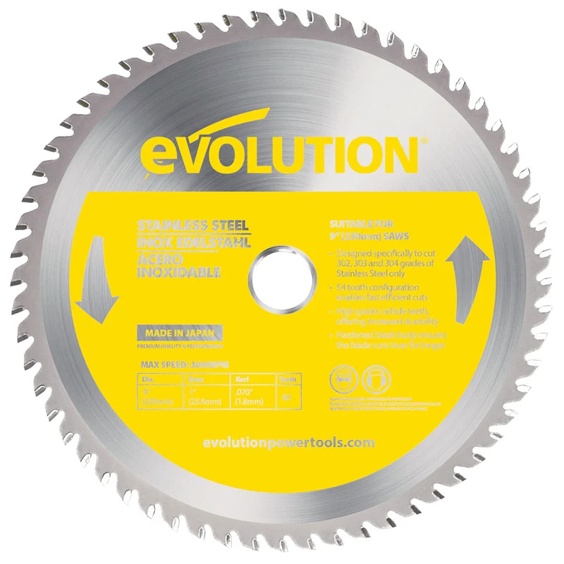 Lame acier Evolution inoxydable de 230mm, 60 Dents, Alésage de 25.4 mm de carbure de tungstène (convient aux Scies Circulaires)
