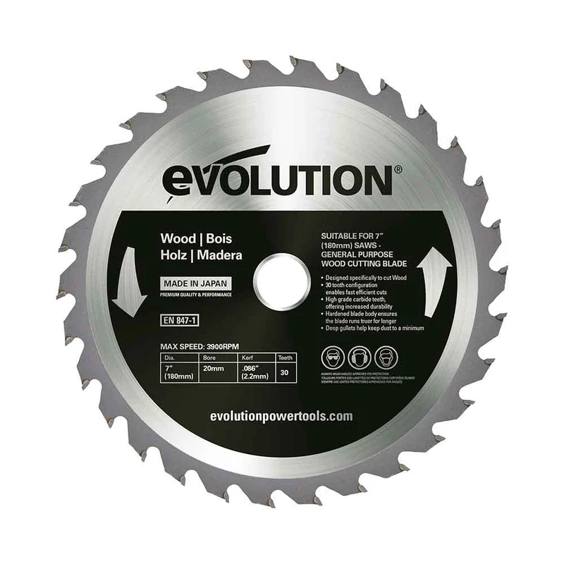 Lame bois Evolution TCT 180mm alésage de 20 mm pour scies circulaires