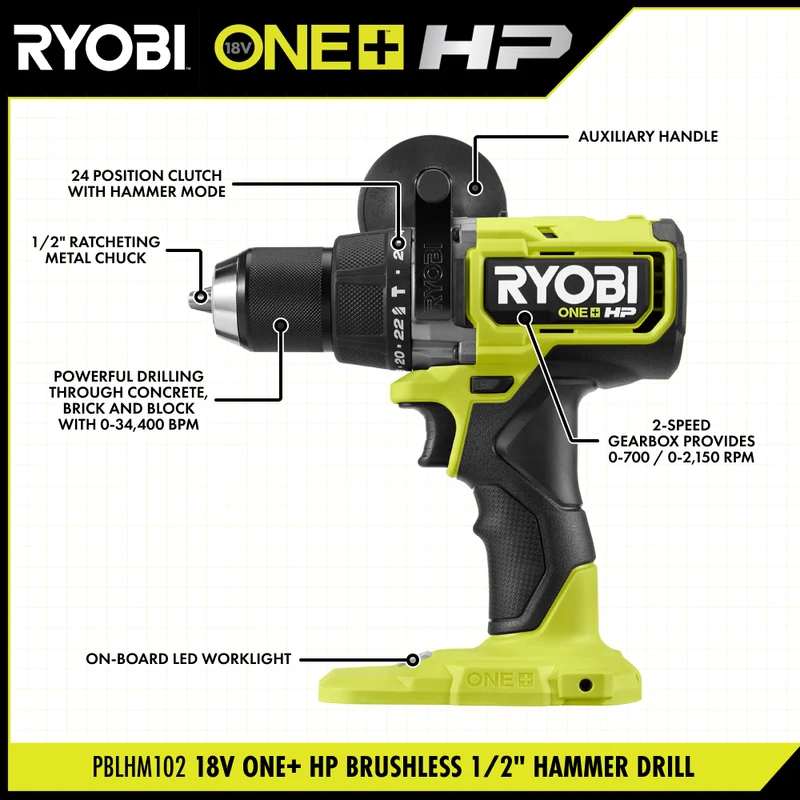 18V ONE+ HP BRUSHLESS CORDLESS 2-TOOL HAMMER DRILL / DRIVER, IMPACT DRIVER, 4.0 Ah, 2.0 Ah BATTERY, CHARGER, AND BAG
