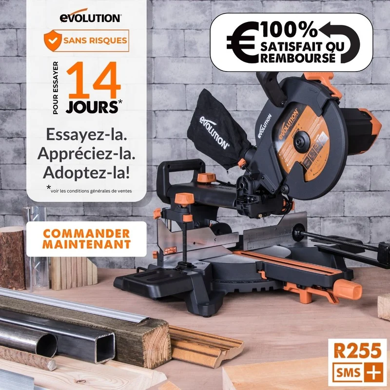 Scie à onglet électrique 255mm Evolution R255SMS+ avec Lame multi-matériaux TCT (GRADE B)