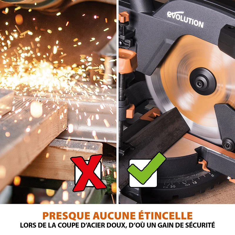 Scie à onglet électrique 255mm Evolution R255SMS+ avec Lame multi-matériaux TCT