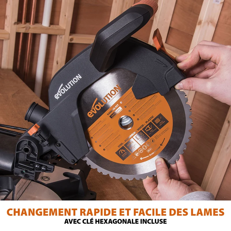 Scie à onglet électrique 255mm Evolution R255SMS+ avec Lame multi-matériaux TCT