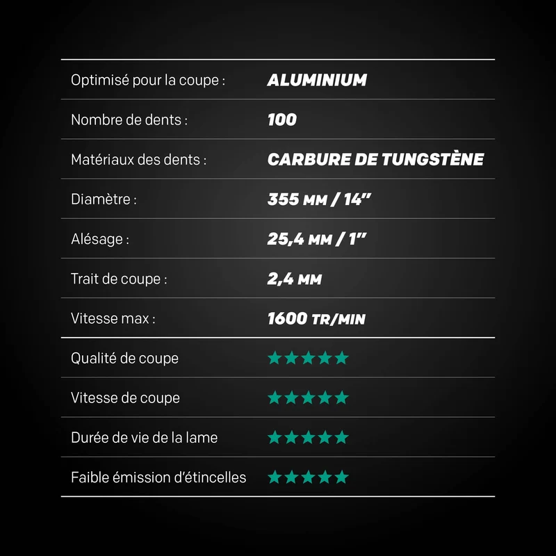 Lame EVOMAX Aluminium 355 mm à 100 dents pour coupe professionnelle et intensive