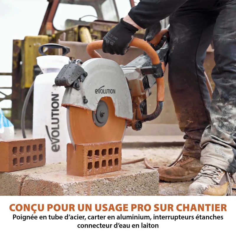 Pack Evolution : Scie à béton électrique 350mm Evolution R350DCT avec lame diamant premium + pompe à eau 15L manuelle