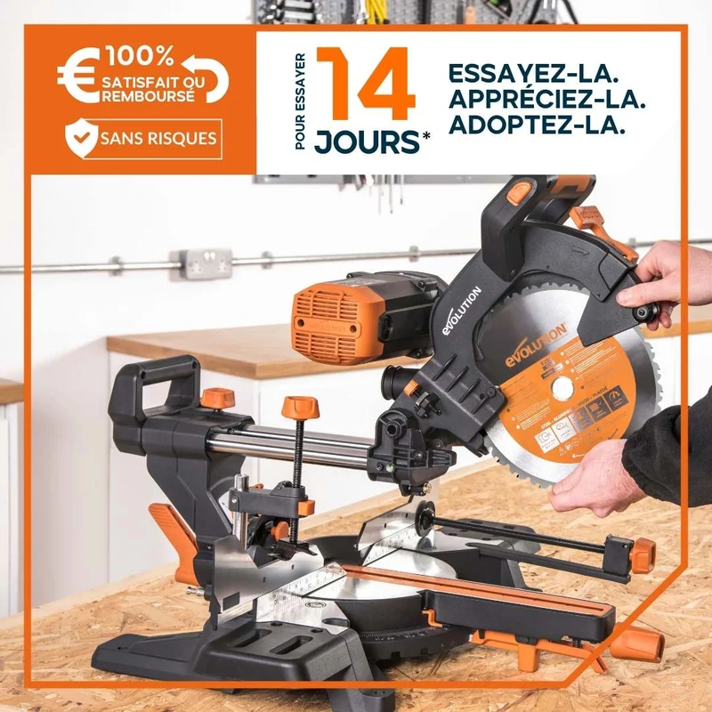 Pack Evolution : Scie à onglet électrique double biseau R255SMS-DB+ avec lame multi-matériaux TCT de 255mm + Support