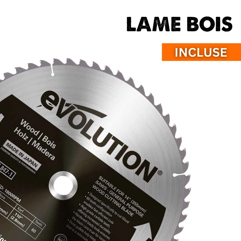 Pack Evolution : Scie sur table Evolution R255TBL 255mm 1650W avec lame multi-matériaux TCT + lame bois supplémentaire