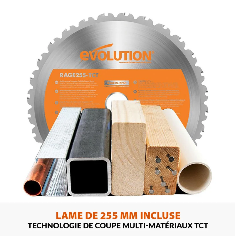 Pack Evolution : Scie sur table Evolution R255TBL 255mm 1650W avec lame multi-matériaux TCT + lame bois supplémentaire