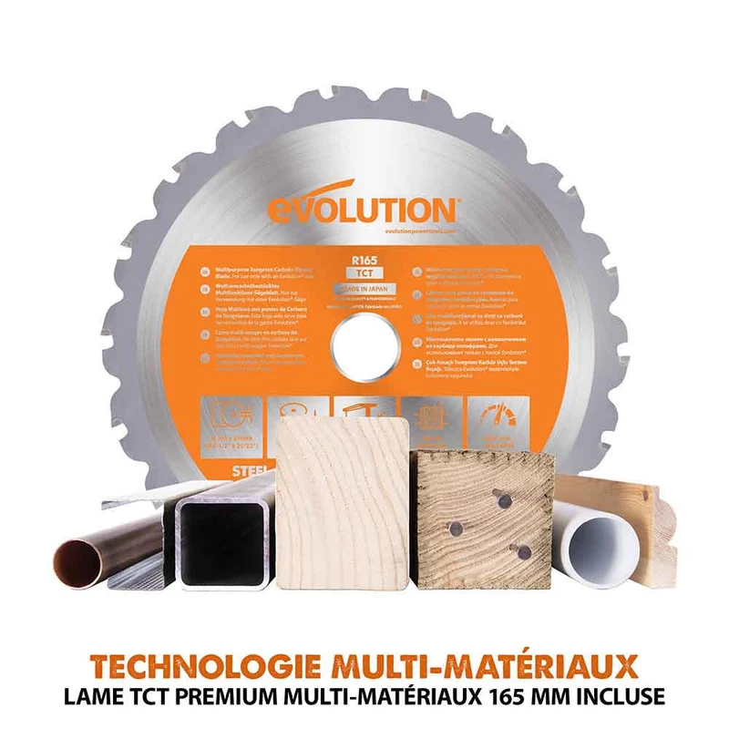 Scie circulaire sans fil 165mm Evolution R165CCS-Li avec Lame multi-matériaux TCT avec batterie 4Ah et chargeur