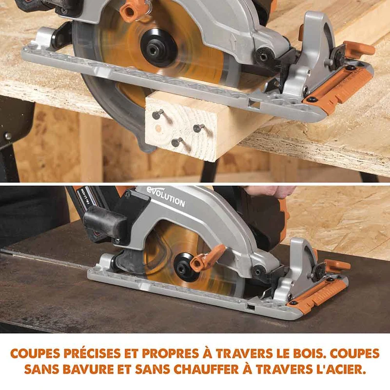 Scie circulaire sans fil 165mm Evolution R165CCS-Li avec Lame multi-matériaux TCT avec batterie 4Ah et chargeur