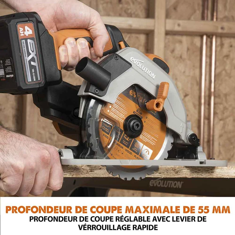 Scie circulaire sans fil 165mm Evolution R165CCS-Li avec Lame multi-matériaux TCT avec batterie 4Ah et chargeur