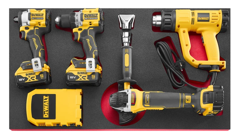 [MODM.M4X-FDW] Composition en module mousse M4 DEWALT, Clé à choc, Meuleuse, Visseuse, Pistolet thermique et Accessoires