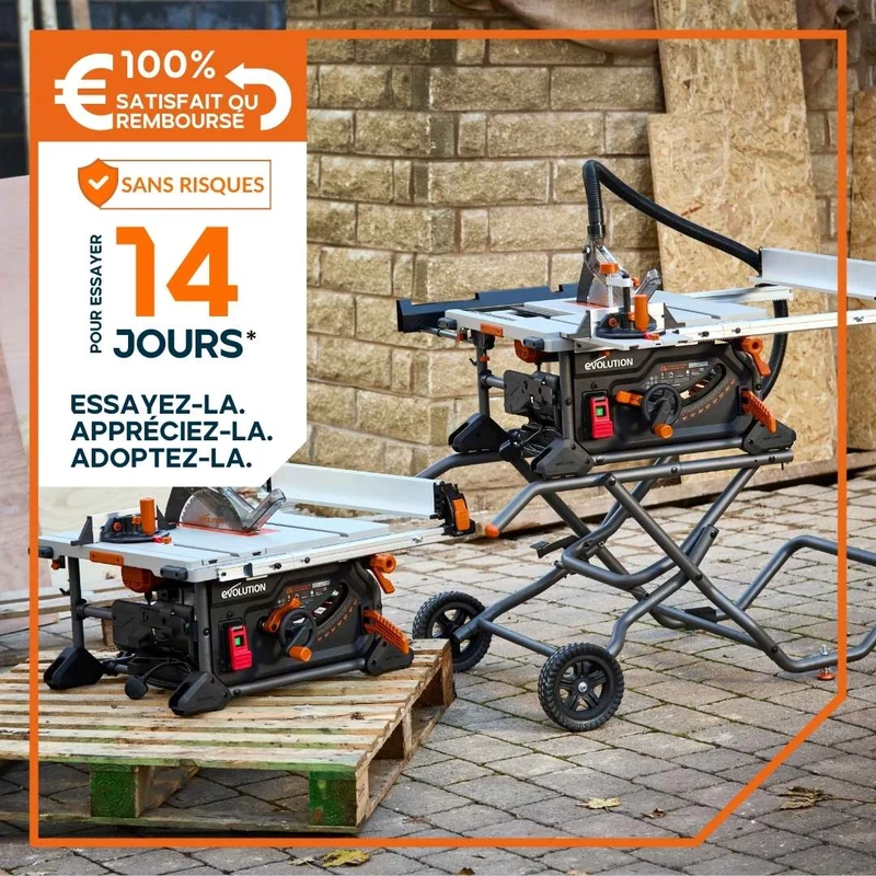 Scie sur table Evolution R255TBL+ 255mm 1800W avec lame multi-matériaux TCT+ Support roulant pliable