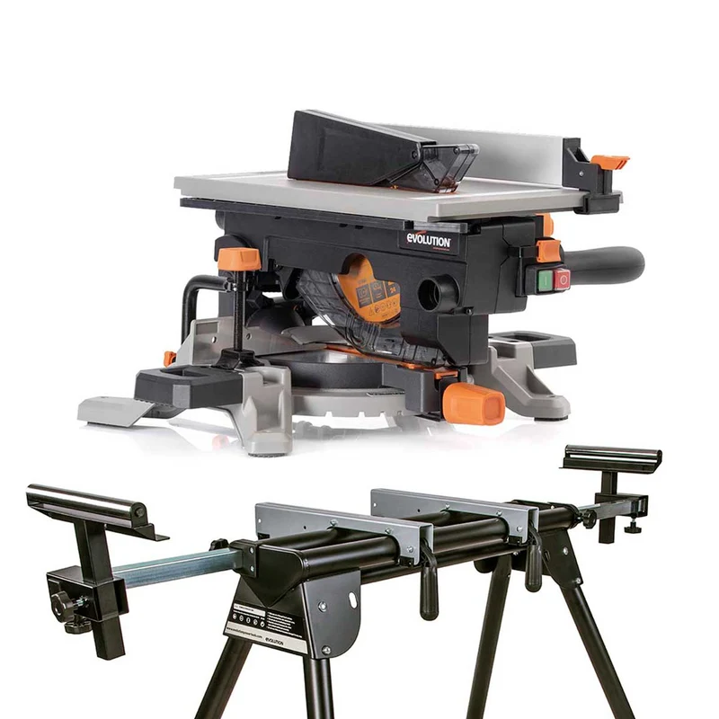 Pack Evolution : Scie à onglet avec table 210mm Evolution R210MTS-G2 210mm avec Lame multi-matériaux TCT + Support