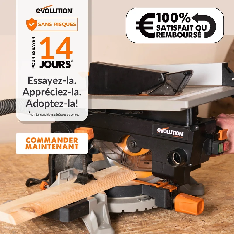 Pack Evolution : Scie à onglet avec table 210mm Evolution R210MTS-G2 210mm avec Lame multi-matériaux TCT + Support