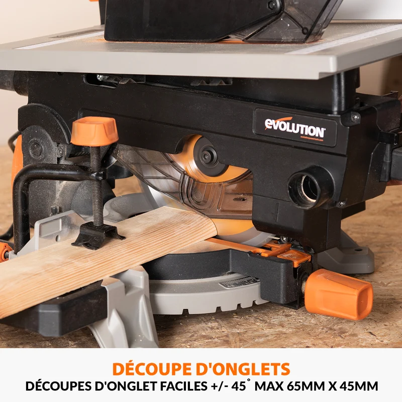 Pack Evolution : Scie à onglet avec table 210mm Evolution R210MTS-G2 210mm avec Lame multi-matériaux TCT + Support