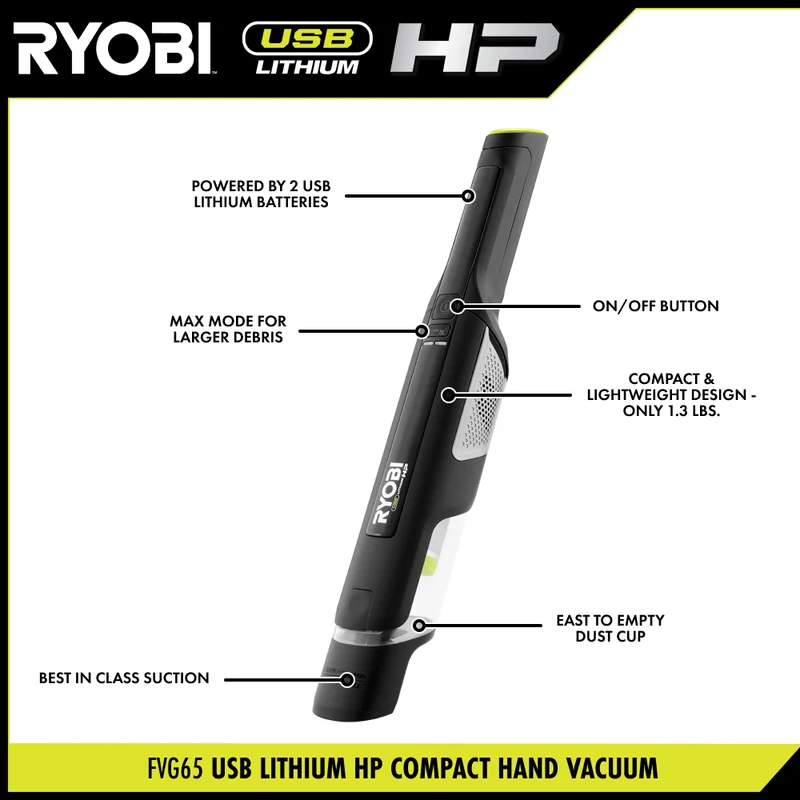 USB Lithium HP Compact Hand Vacuum Cleaner Kit with (2) USB Lithium 2.0 Ah Batteries and Charger