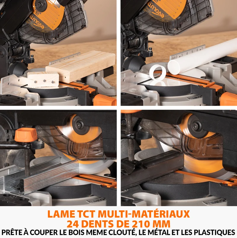 Scie à onglet avec table 210mm Evolution R210MTS-G2 210mm avec Lame multi-matériaux TCT