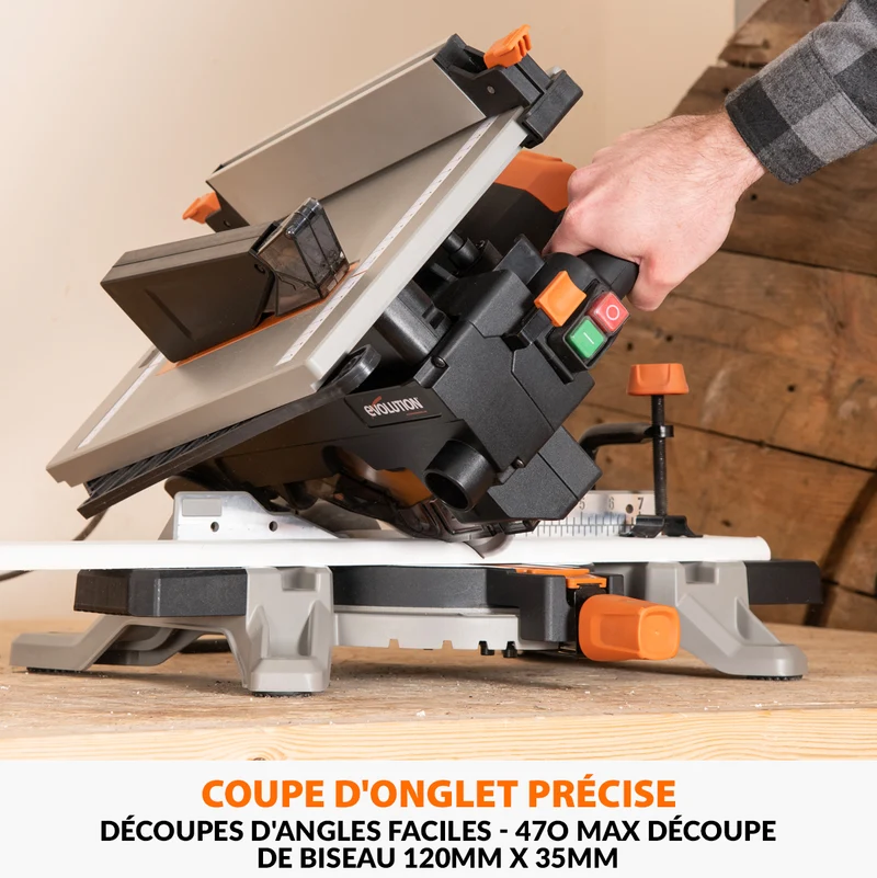 Scie à onglet avec table 210mm Evolution R210MTS-G2 210mm avec Lame multi-matériaux TCT