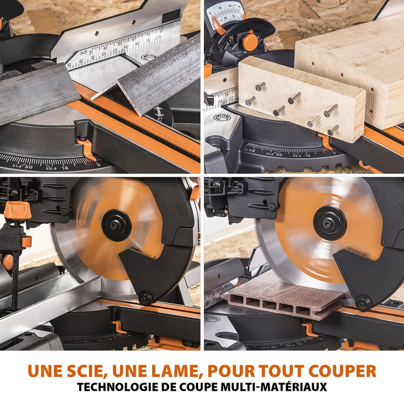 Pack Evolution : Scie à onglet électrique double biseau R255SMS-DB+ avec lame multi-matériaux TCT de 255mm + Support