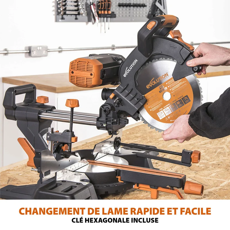 Pack Evolution : Scie à onglet électrique double biseau R255SMS-DB+ avec lame multi-matériaux TCT de 255mm + Support