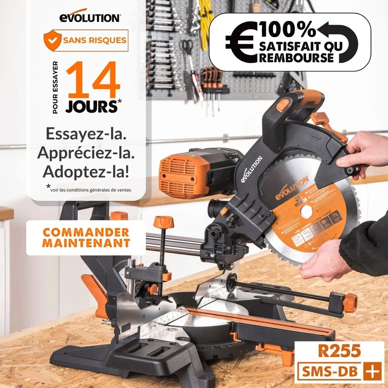 Pack Evolution : Scie à onglet électrique double biseau R255SMS-DB+ avec lame multi-matériaux TCT de 255mm + Support Evolution PLUS