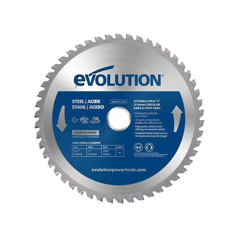 Lame acier TCT 210mm 50 dents alésage 25,4mm Evolution pour scie circulaire