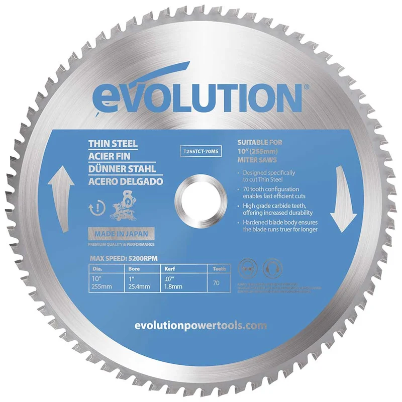 Lame de précision pour acier TCT 255mm 70 dents alésage 25.4mm Evolution pour scie à onglet