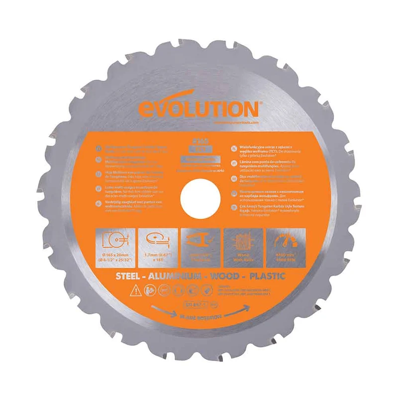 Lame multi-matériaux TCT 165mm 18 dents alésage 20mm Evolution pour Scie circulaire