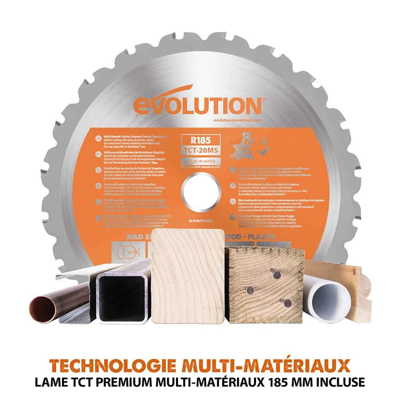 Scie à onglet électrique sans fil 185mm Evolution R185SMS-Li avec lame multi-matériaux TCT, batterie de 4ah et chargeur.