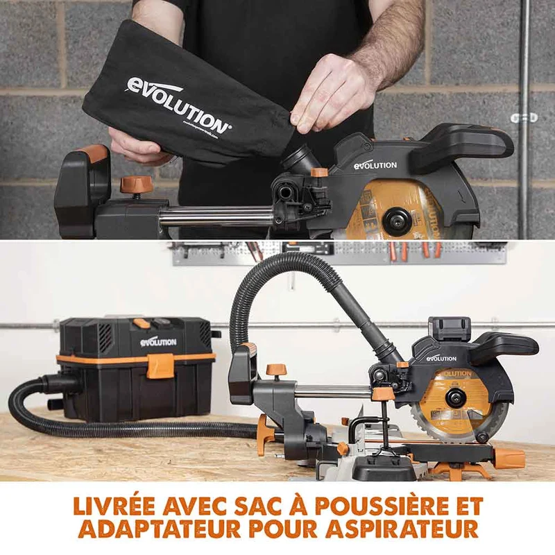 Scie à onglet électrique sans fil 185mm Evolution R185SMS-Li avec lame multi-matériaux TCT, batterie de 4ah et chargeur.