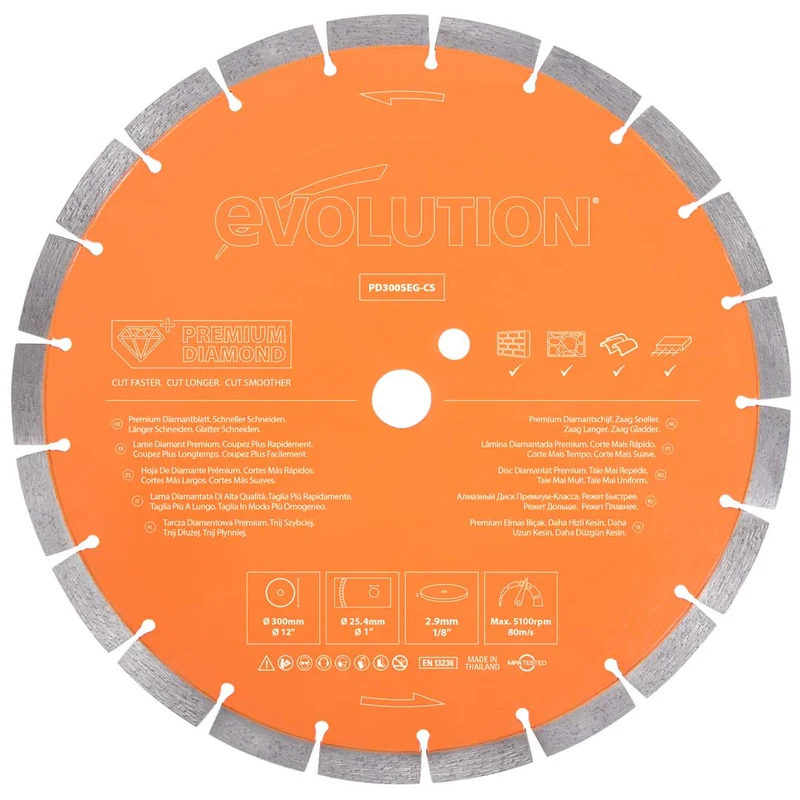 Disque diamant premium segmenté 300mm alésage 22,2mm Evolution pour scie à béton