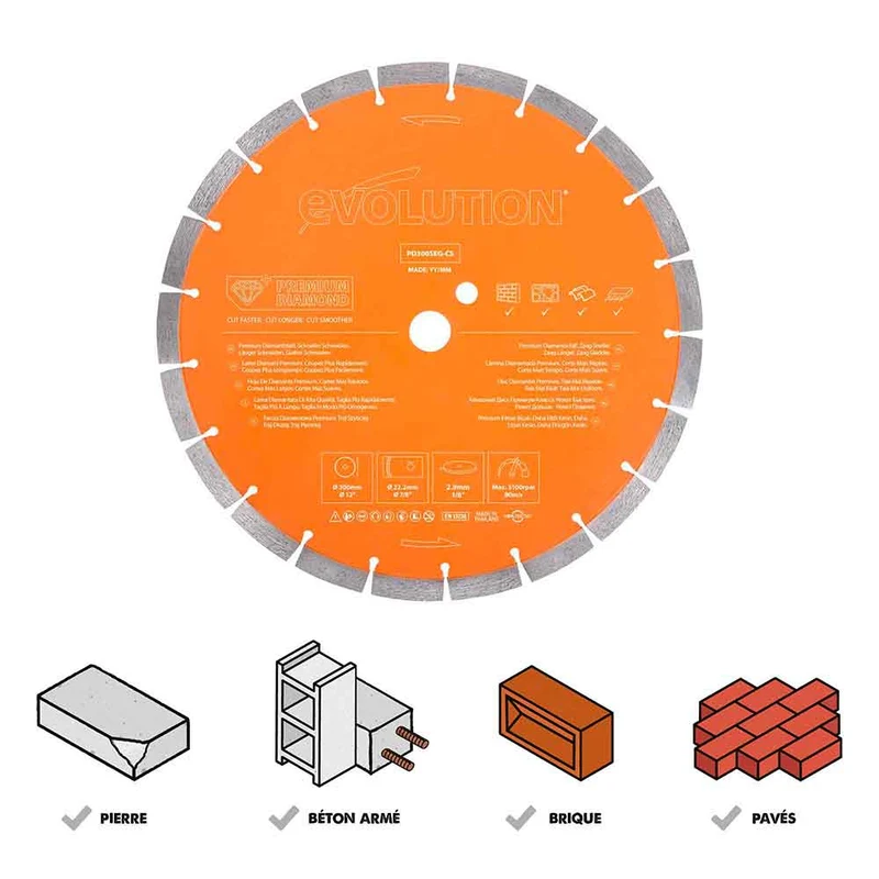 Disque diamant premium segmenté 300mm alésage 22,2mm Evolution pour scie à béton