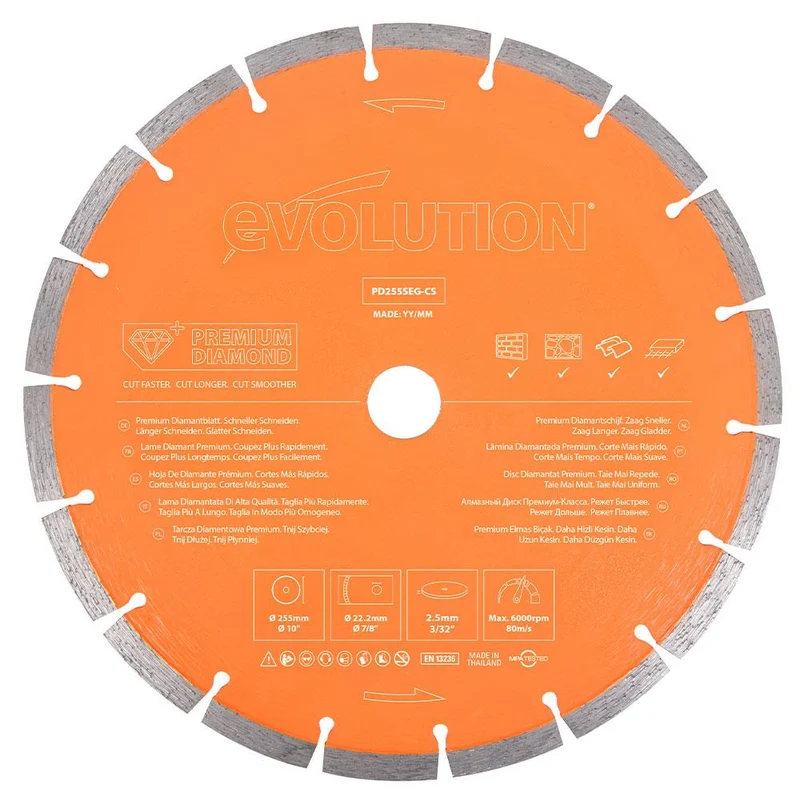 Disque diamant premium segmenté 255mm alésage 22,2mm Evolution pour scie à béton