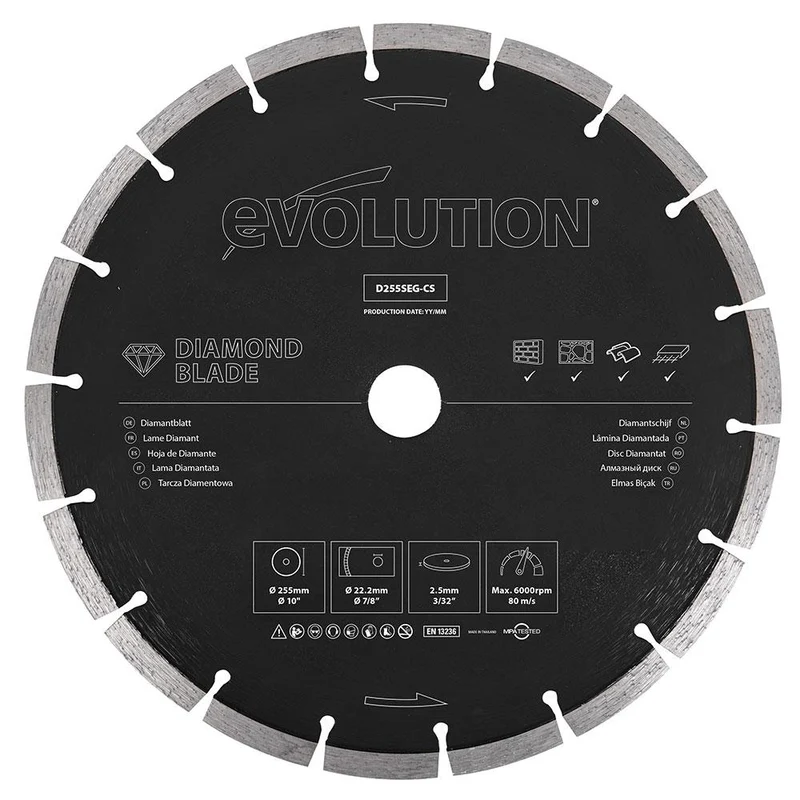 Disque diamant segmenté 255mm alésage 22,2mm Evolution pour scie à béton