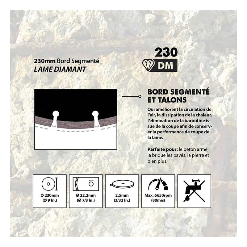 Disque diamant segmenté 230mm alésage 22,2mm Evolution pour scie à béton