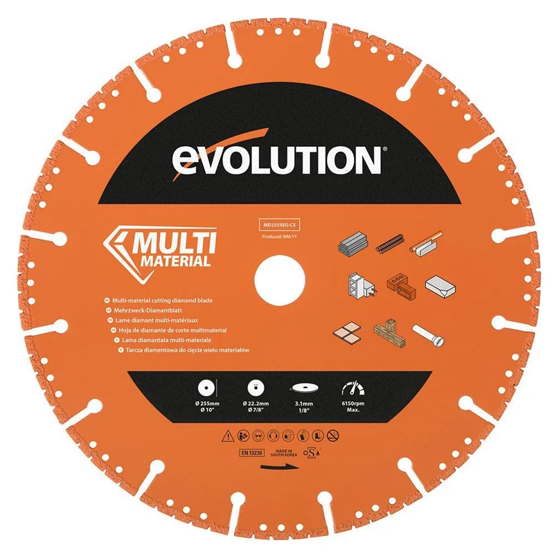Disque multi-matériaux de démolition, diamant segmenté 255mm alésage 22,2mm Evolution pour scie à béton