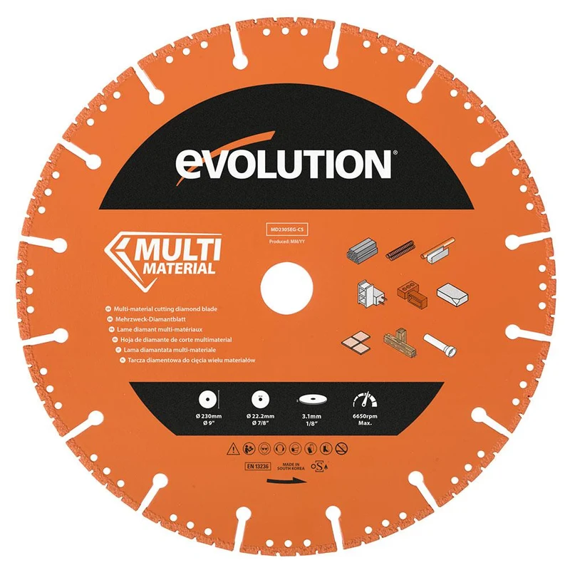 Disque multi-matériaux de démolition, diamant segmenté 230mm alésage 22,2mm Evolution pour scie à béton