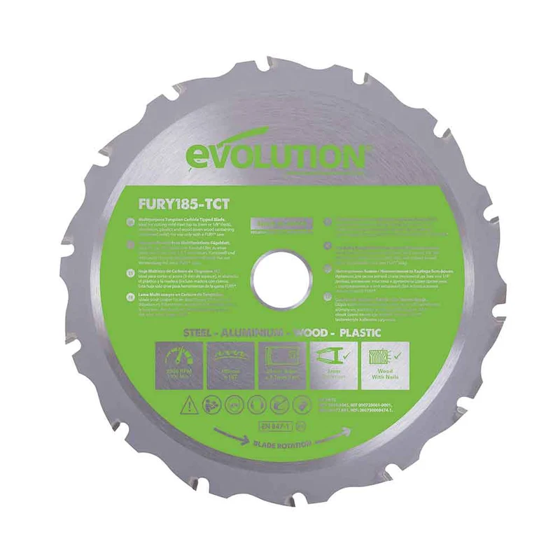 Lame multi-matériaux TCT 185mm 16 dents alésage 20mm Evolution pour Scie circulaire