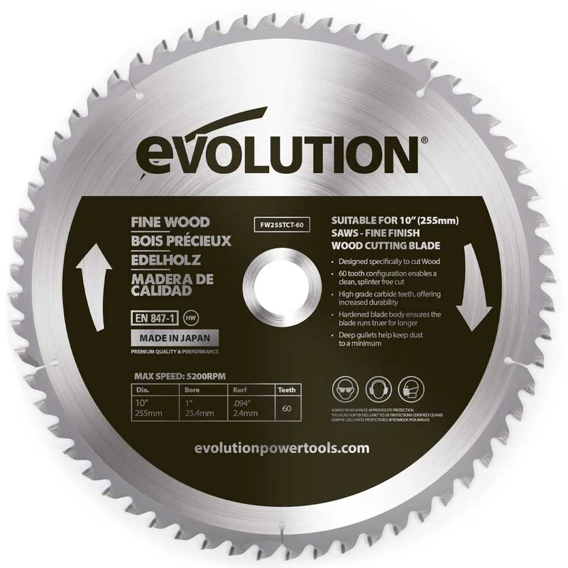 Lame expert pour bois TCT 255mm Evolution 60 dent, alésage 25.4mm pour scie à onglet et scie sur table