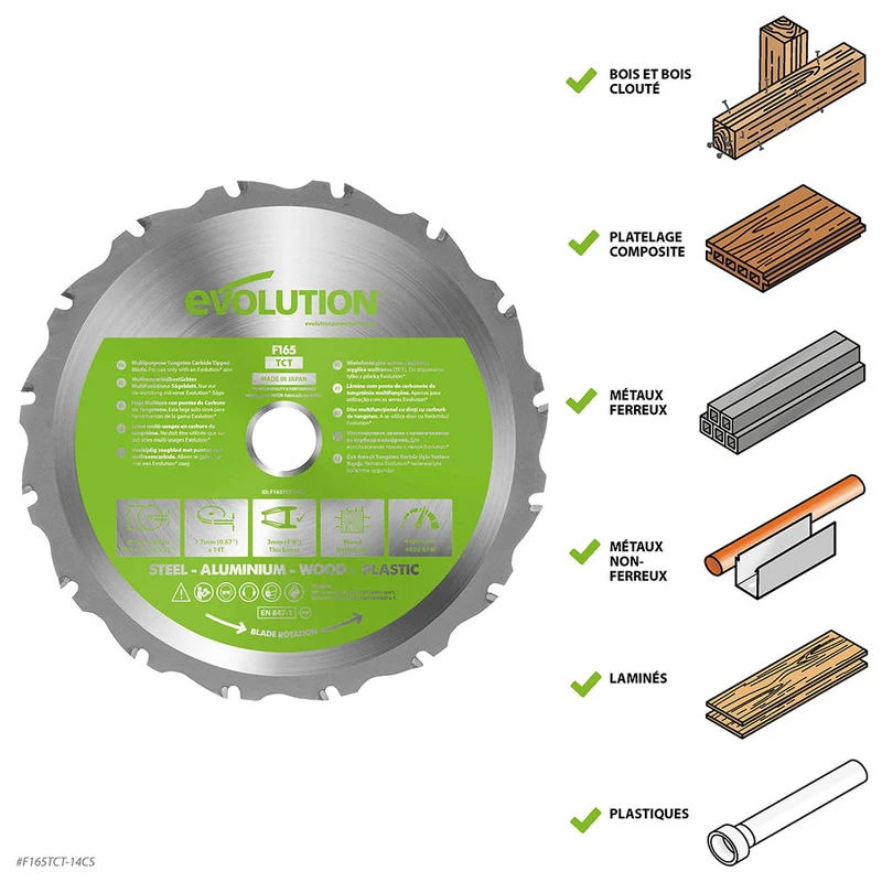 Lame multi-matériaux TCT 165mm 14 dents alésage 20mm Evolution pour Scie circulaire