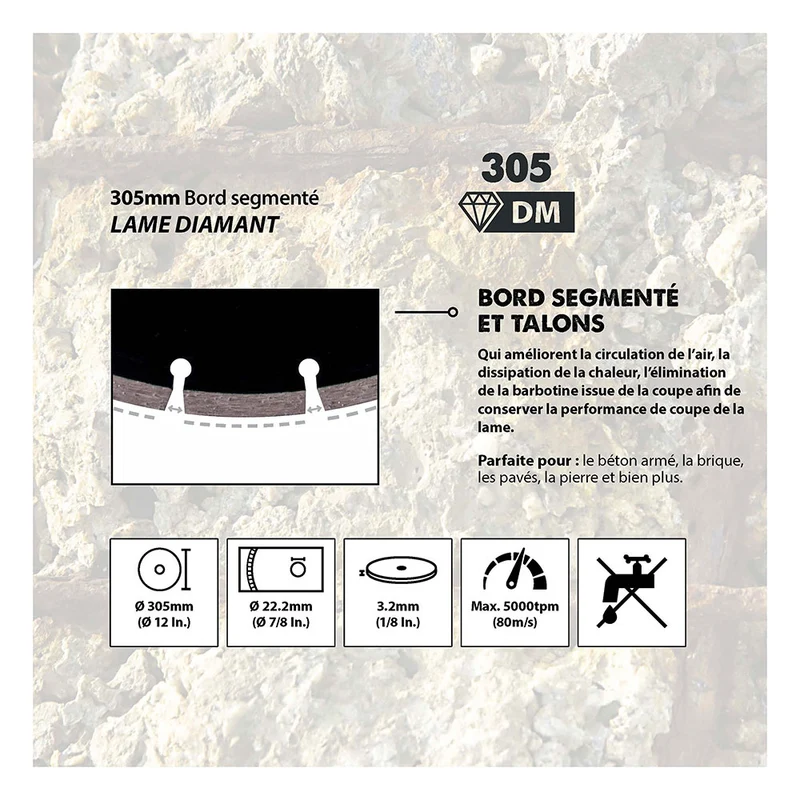 Disque diamant segmenté 305mm alésage 22,2mm Evolution pour scie à béton